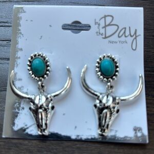 By The Bay NY Bull head skull,faux turquoise stone,silver tone post earrings